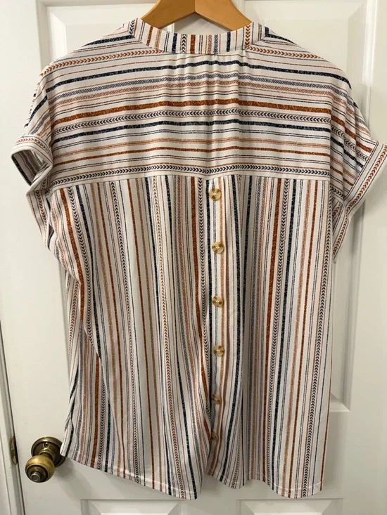 Flower & Feather Striped Short-Sleeve V-Neck Top in White, Rust & Navy - Picture 3 of 3